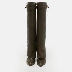 Pre Owned Givenchy Olive Green Leather Shark Lock Knee Length Boots Size 35