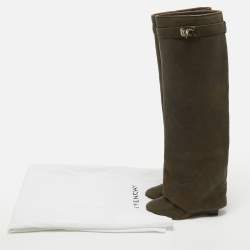 Pre Owned Givenchy Olive Green Leather Shark Lock Knee Length Boots Size 35