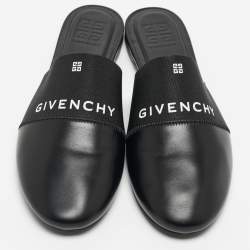 Pre Owned Givenchy Black Leather And Elastic Logo Flat Mules Size 41.5
