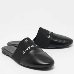 Pre Owned Givenchy Black Leather And Elastic Logo Flat Mules Size 41.5