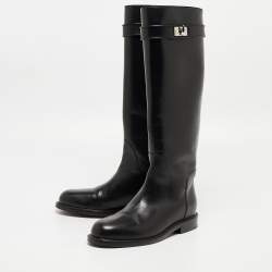 Pre Owned Givenchy Black Leather Shark Lock Knee Length Boots Size 38