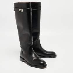 Pre Owned Givenchy Black Leather Shark Lock Knee Length Boots Size 38