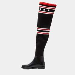 Pre Owned Givenchy Black Knit Fabric and Rubber Over The Knee Boots Size 41