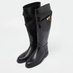 Pre Owned Givenchy Black Rubber Shark Lock Flat Knee Boots Size 39