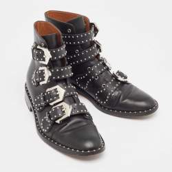 مملوكة مسبقًا Givenchy Black Leather Studded Buckle Detail Ankle Boots Size 37