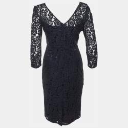 Pre Owned Goat Navy Blue Floral Lace Sheath Dress S