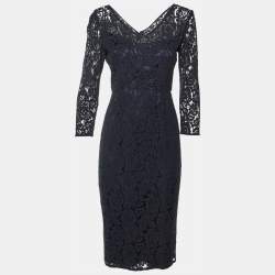 Pre Owned Goat Navy Blue Floral Lace Sheath Dress S
