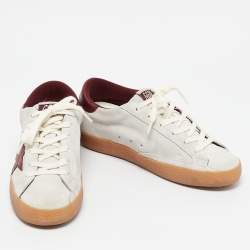 Pre Owned Golden Goose Silver/Burgundy Leather and Suede Superstar Lace Up Sneakers Size 36