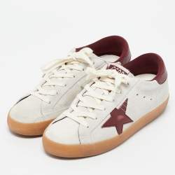 Pre Owned Golden Goose Silver/Burgundy Leather and Suede Superstar Lace Up Sneakers Size 36