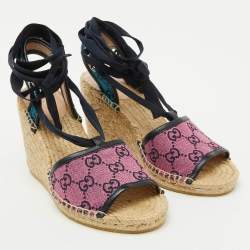 Pre Owned Gucci Multicolor GG Canvas and Leather Espadrille Wedge Sandals Size 38.5