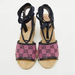 Pre Owned Gucci Multicolor GG Canvas and Leather Espadrille Wedge Sandals Size 38.5