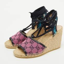 Pre Owned Gucci Multicolor GG Canvas and Leather Espadrille Wedge Sandals Size 38.5