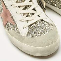 Pre Owned Golden Goose Silver/White Glitter and Leather Francy Sneakers Size 37