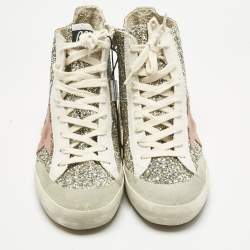 Pre Owned Golden Goose Silver/White Glitter and Leather Francy Sneakers Size 37