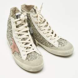 Pre Owned Golden Goose Silver/White Glitter and Leather Francy Sneakers Size 37