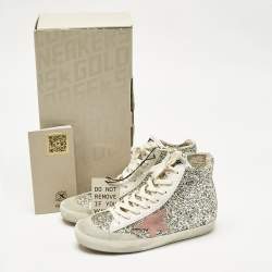 Pre Owned Golden Goose Silver/White Glitter and Leather Francy Sneakers Size 37
