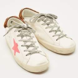 Pre Owned Golden Goose Superstar Size 38 White Calf Hair and Leather Lace Up Sneakers