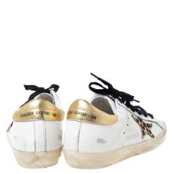 Pre Owned Golden Goose Deluxe Brand White Leather Gold Metallic Tab Leopard Star Superstar Size 35