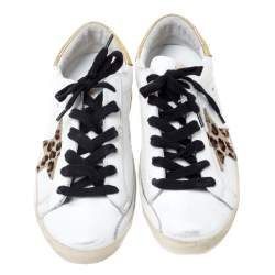 Pre Owned Golden Goose Deluxe Brand White Leather Gold Metallic Tab Leopard Star Superstar Size 35