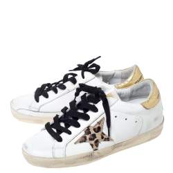 Pre Owned Golden Goose Deluxe Brand White Leather Gold Metallic Tab Leopard Star Superstar Size 35