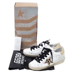 Pre Owned Golden Goose Deluxe Brand White Leather Gold Metallic Tab Leopard Star Superstar Size 35