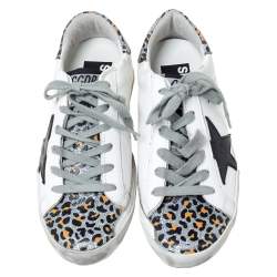Pre Owned Golden Goose Deluxe Brand White Leather And Leopard Print Leather Superstar Sneakers Size 35