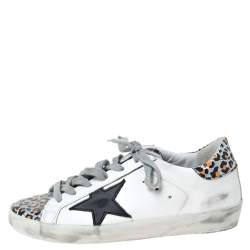 Pre Owned Golden Goose Deluxe Brand White Leather And Leopard Print Leather Superstar Sneakers Size 35