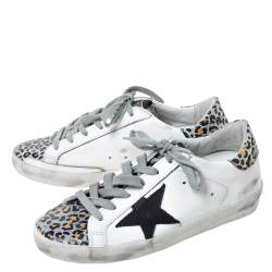 Pre Owned Golden Goose Deluxe Brand White Leather And Leopard Print Leather Superstar Sneakers Size 35