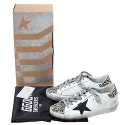 Pre Owned Golden Goose Deluxe Brand White Leather And Leopard Print Leather Superstar Sneakers Size 35