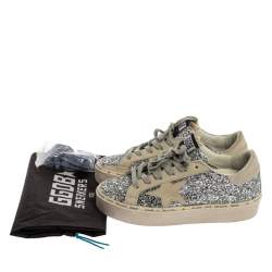 Pre Owned Golden Goose Silver Glitter And Suede Leather Superstar Low Top Sneakers Size 36