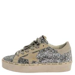 Pre Owned Golden Goose Silver Glitter And Suede Leather Superstar Low Top Sneakers Size 36