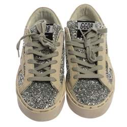 Pre Owned Golden Goose Silver Glitter And Suede Leather Superstar Low Top Sneakers Size 36