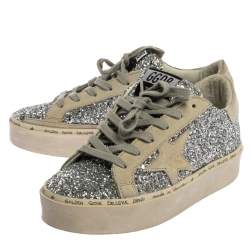 Pre Owned Golden Goose Silver Glitter And Suede Leather Superstar Low Top Sneakers Size 36