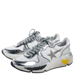 Pre Owned Golden Goose White/Silver Fabric And Leather Lace Up Sneakers Size 40