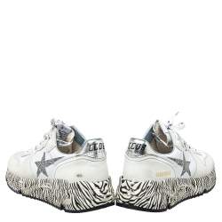 Pre Owned Golden Goose White Leather And Mesh Running Sole Crystal Star Zebra Print Sole Low Top Sneakers Size 38
