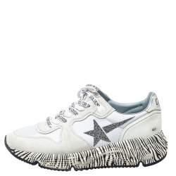 Pre Owned Golden Goose White Leather And Mesh Running Sole Crystal Star Zebra Print Sole Low Top Sneakers Size 38