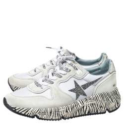 Pre Owned Golden Goose White Leather And Mesh Running Sole Crystal Star Zebra Print Sole Low Top Sneakers Size 38