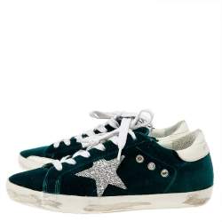 Pre Owned Golden Goose Green/White Velvet And Leather SuperStar Low Top Sneakers Size 38