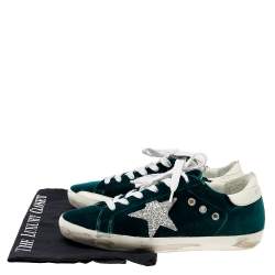 Pre Owned Golden Goose Green/White Velvet And Leather SuperStar Low Top Sneakers Size 38