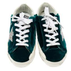 Pre Owned Golden Goose Green/White Velvet And Leather SuperStar Low Top Sneakers Size 38