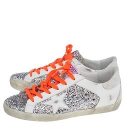 Pre Owned Golden Goose White Leather And Glitter Superstar Double Quarter Sneakers Size 40