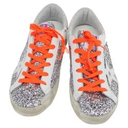 Pre Owned Golden Goose White Leather And Glitter Superstar Double Quarter Sneakers Size 40