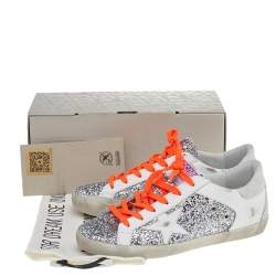 Pre Owned Golden Goose White Leather And Glitter Superstar Double Quarter Sneakers Size 40