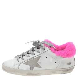 Pre Owned Golden Goose White/Pink Leather And Fur Super Star Low Top Sneakers Size 35