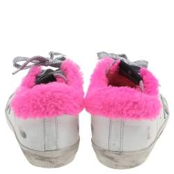Pre Owned Golden Goose White/Pink Leather And Fur Super Star Low Top Sneakers Size 35