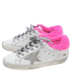 Pre Owned Golden Goose White/Pink Leather And Fur Super Star Low Top Sneakers Size 35