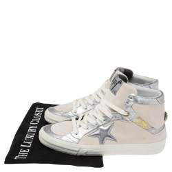 Pre Owned Golden Goose Grey/Silver Leather And Suede High Top Sneakers Size 37