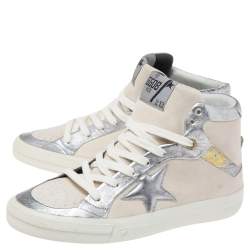 Pre Owned Golden Goose Grey/Silver Leather And Suede High Top Sneakers Size 37