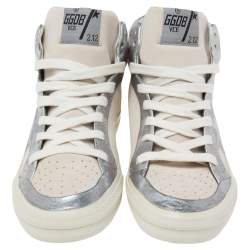 Pre Owned Golden Goose Grey/Silver Leather And Suede High Top Sneakers Size 37