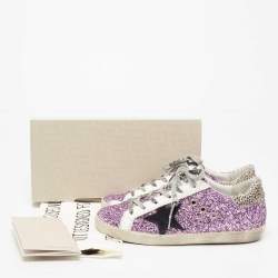 Pre Owned Golden Goose Purple Glitter And Leather Superstar Low Top Sneakers Size 39
